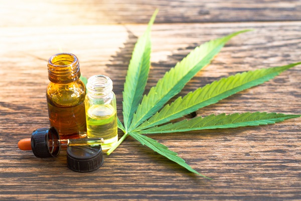 Cannabis Oils and Extracts next to a Marijuana leaf